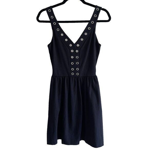 Aqua Black Sleeveless V Neck Dress Oversized XS Silver Grommets Rings Fit Flare - Picture 2 of 8